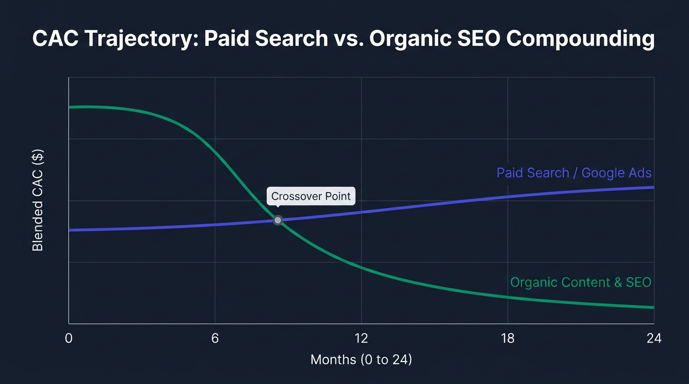 24-Month Customer Acquisition Cost Trajectory comparing Paid Search and Google Ads against Organic Content and SEO